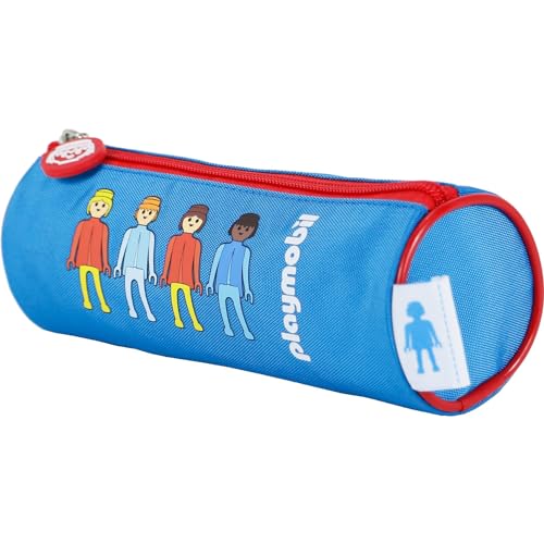 DOHE - Rundes Schulmäppchen - Reißverschluss, offiziell lizenziert, strapazierfähiges Polyester, 21x7,5x7,5 cm, Schulmaterial - Playmobil Core - Blau von DOHE