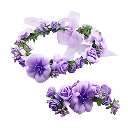 DOITOOL 2St Blumenkrone Hochzeitshaarband Blumenhaarband Blumenkopfschmuck Brauthaarband Hochzeits Armband uhrenarmbänder Mädchen Stirnband einstellen Kranz Kind Kopfbedeckung Violett von DOITOOL