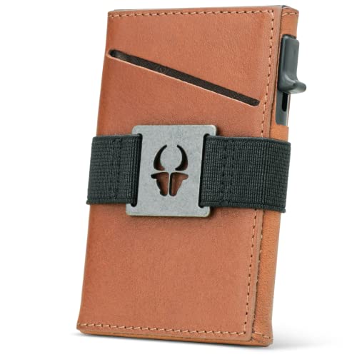 DONBOLSO Slim Wallet Las Vegas I Minimalistisches Kartenetui I Kompaktes Herren Portemonnaie aus Leder I RFI Schutz I Push Up Kartenhalter mit Vordertasche für Cash & Scheine Riemen - Nappa Braun von DONBOLSO