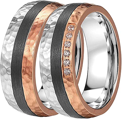 DOOSTI Damen Herren Ring Bicolor aus Edelstahl Carbon Rosegold mit Zirkonia in Hammerschlag Optik als Paarring Ehering Trauring (Herrenring, 64 (20.4)) von DOOSTI