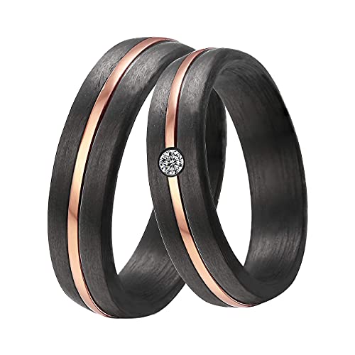 DOOSTI Damen Herren Ring Set Carbon Schwarz mit Edelstahl Einlage Rosegold mit Zirkonia als Partnerring Ehering Freundschaftsring (Ring ohne Zirkonia, 68 (21.6)) von DOOSTI