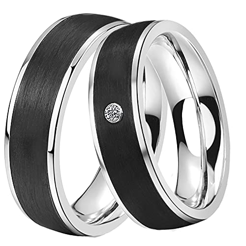 DOOSTI Damen Herren Ring Set Edelstahl Silber mit Einlage Carbon Schwarz als Partnerring Ehering Freundschaftsring Herrenring Damenring inkl. Gravur mit Namen (Ring mit Zirkonia, 54) von DOOSTI