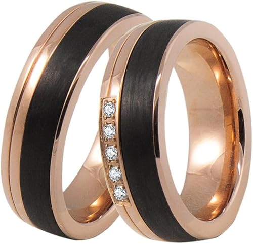 DOOSTI Ehering/Trauring/Partnerring - chirugischer Edelstahl 316L Rose vergoldet mit schwarzer Carbon Einlage - Damen und Herren Variante - Mit Gratis Wunschgravur (Ring mit Stein, 54) von DOOSTI