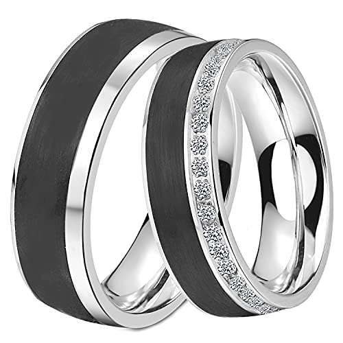 DOOSTI Paar Ring Set Damen Herren Partnerringe Edelstahl Carbon Schwarz als Freundschaftsring Partnerring Hochzeitsring Herrenring Damenring inkl. Gravur mit Namen (Ring mit Zirkonia, 54) von DOOSTI