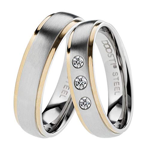 DOOSTI Partnerring/Trauring/Freundschaftsring - Lines Bicolor Chirurgischer Edelstahl 316L - Damen und Herren Variante - Mit Gratis Wunschgravur (Ring mit Zirkonia, 48) von DOOSTI