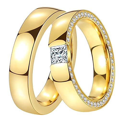 DOOSTI Ring Set Damen Herren Edelstahl Gelbgold vergoldet Partnerringe Verlobungsringe Paar Trauringe Hochzeit Freundschaftsringe Eheringe inkl. Gravur mit Namen (Ring mit Zirkonia, 60) von DOOSTI