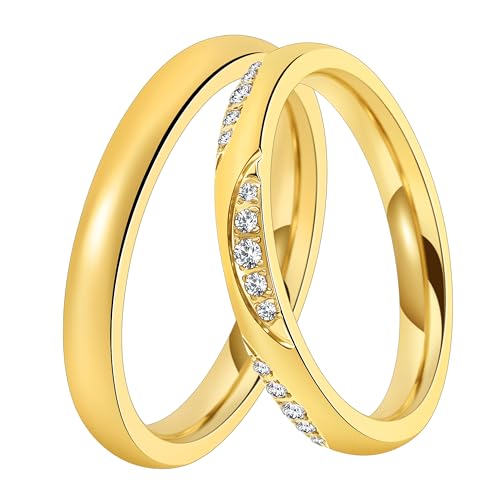 DOOSTI Trauring/Ehering/Partnerring - Chirurgischer Edelstahl 316L - hochwertiger Edelstahlring Gelbgold vergoldet- Damen und Herren Variante - Mit Gratis Wunschgravur (Ring mit Zirkonia, 64) von DOOSTI