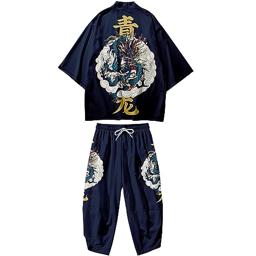 DOSLAVIDA Japanischer Kimono-Cardigan-Anzug, chinesischer Stil, bedruckte Jacke, Hose, Set vorne offen, sieben Ärmel, Oberteil und Shorts, Stil 19-Marineblau, X-Large von DOSLAVIDA
