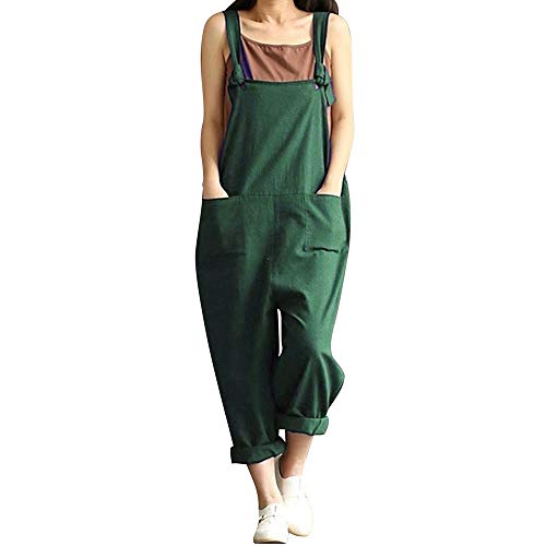 DOTBUY Damen Latzhose Jumpsuits Playsuit Overall mit Taschen Sommer Casual Elegant Loose Baggy Leinen Lange Wide Leg Hosen (S,Grün) von DOTBUY