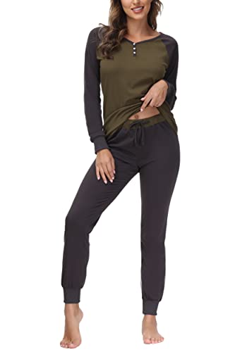 DOTIN Damen Schlafanzug Baumwolle Lange Pyjama Set V-Ausschnitt Nachtwäsche Hausanzug Zweiteiliger Sleepwear Loungewear, Grau+Armee Grün, L von DOTIN