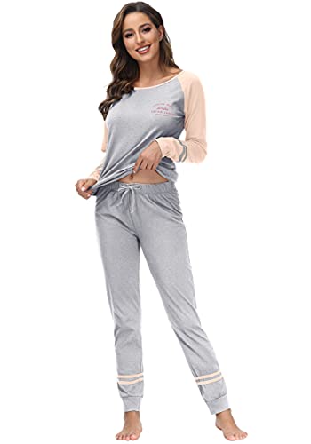 DOTIN Damen Schlafanzug Baumwolle Lange Pyjama Set Loungewear Hausanzug Nachtwäsche Zweiteiliger Sleepwear Schlafanzüge, Grau Langarm, L von DOTIN