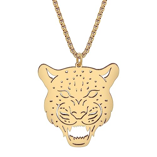 DOWAY Edelstahl Leopard Tiger Kopf Halskette Anhänger Cute 18K Gold Plated Dschungel Tiere Tiger Schmuck Geschenke für Damen Mädchen Tiger Stuff Charms (Leopard Gold) von DOWAY