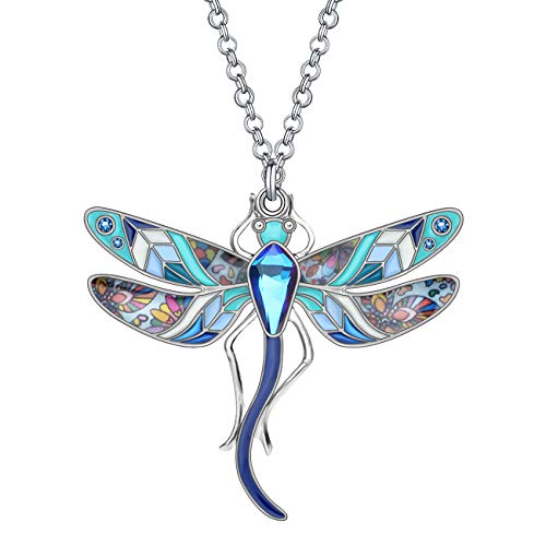 DOWAY Emaille Libelle Halskette Anhänger Kette Niedlich Dragonfly Schmuck Geschenk Mit Floralen Emaille für Frauen Mädchen Frühling Sommer (Blau) von DOWAY