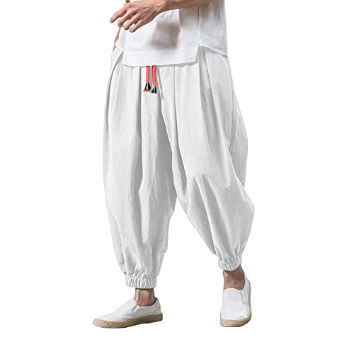 Herren Leinen Baumwolle Haremshose Einfarbige Freizeithose Herren Atmungsaktive Pumphose Stretch Verschärfen Hosenbein Pluderhose Leichte Elastisches Sport Jogginghose Freizeithosen Für Herren von DRALOFAO