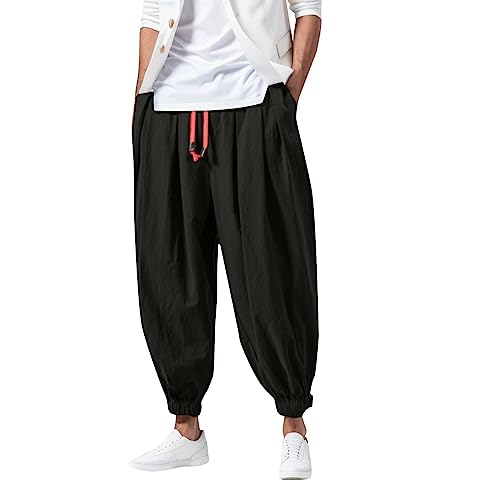 Herren Leinen Baumwolle Haremshose Einfarbige Freizeithose Herren Atmungsaktive Pumphose Stretch Verschärfen Hosenbein Pluderhose Leichte Elastisches Sport Jogginghose Leinenhose Freizeithosen von DRALOFAO