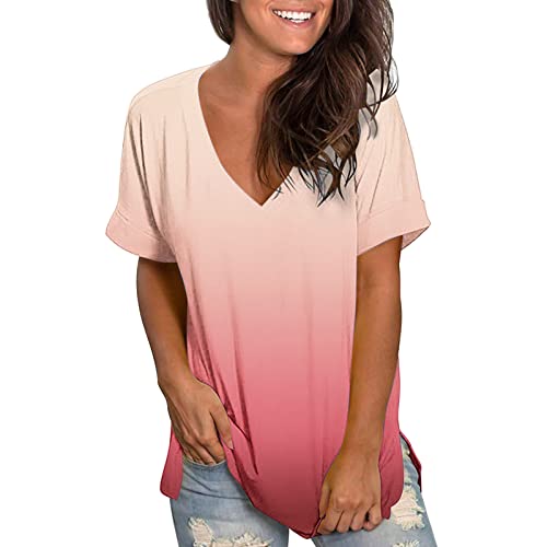 Lange Bluse Damen Tshirt Farbverlauf V-Ausschnitt Oberteile Kurzarm Einfarbig Longbluse Tunika Tops Locker Longtops T-Shirt Pullover Ärmellos Tanktop Teenager Shirt Blusen Longshirt Oversize von DRALOFAO