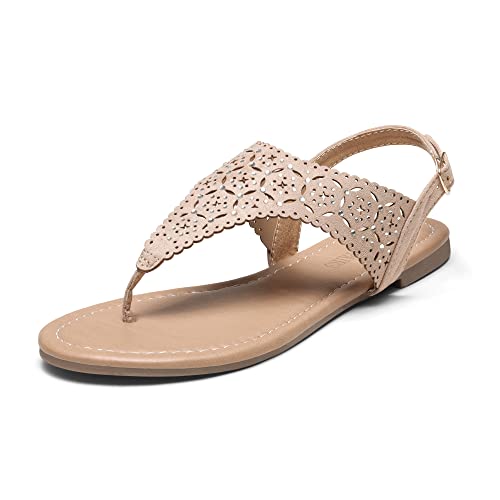 DREAM PAIRS Damen Strass Casual Wear Cute Gladiator Flat Sandals Beach Dressy T-Strap Thong Sandalen Nude 8 MEDINIE von DREAM PAIRS