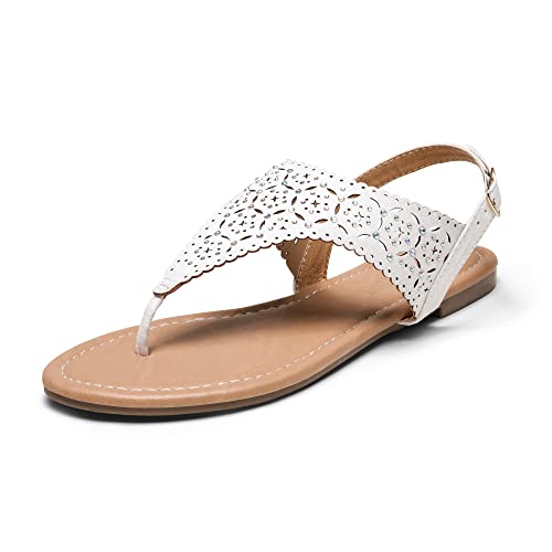 DREAM PAIRS Damen Strass Casual Wear Cute Gladiator Flat Sandals Beach Dressy T-Strap Thong Sandalen Weiss 8 MEDINIE von DREAM PAIRS