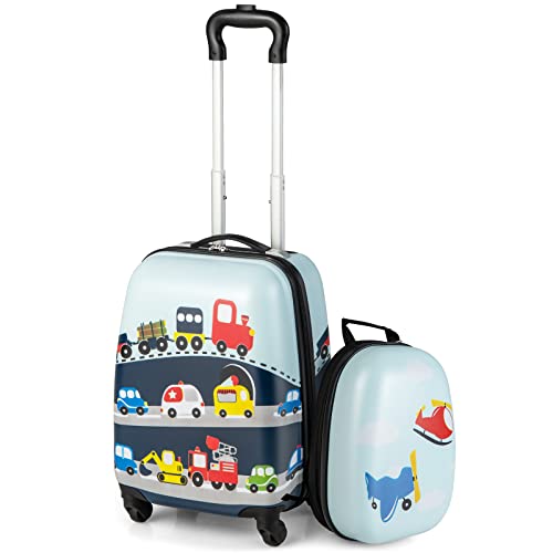 DREAMADE 2 TLG. Kinderkoffer & Rucksack, 16” +12” Kinderkofferset, Kindertrolley Kindergepäck, Handgepäck Reisegepäck Hartschalenkoffer für Kinder (Blau-Auto, 16 Zoll +12 Zoll) von DREAMADE