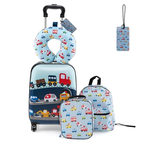 DREAMADE 5tlg Kinderkoffer Set, Kinder Reisekoffer mit Rucksack, Nackenkissen, Lunchtasche & Kofferanhänger, Reisetrolley mit Rollen für Kinder ab 3 Jahren, 38 x 30 x 23cm (Blau-Auto) von DREAMADE