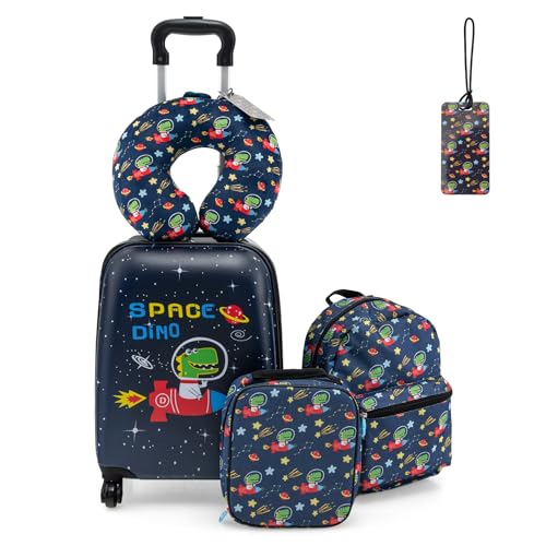 DREAMADE 5tlg Kinderkoffer Set, Kinder Reisekoffer mit Rucksack, Nackenkissen, Lunchtasche & Kofferanhänger, Reisetrolley mit Rollen für Kinder ab 3 Jahren, 38 x 30 x 23cm (Dunkelblau-Dinosaurier) von DREAMADE