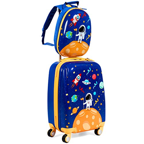 DREAMADE Kinderkoffer Jungen mit Rucksack 18"+12", 2 TLG. Kinderkoffer Set, Kindergepäck Trolley, Kindertrolley Jungen & Mädchen, Reisetrolley mit Rollen (Dunkelblau-Astronaut, 18 Zoll + 12 Zoll) von DREAMADE