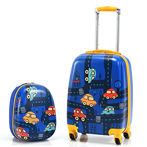 DREAMADE Kinderkoffer Jungen mit Rucksack 18"+12", 2 TLG. Kinderkoffer Set, Kindergepäck Trolley, Kindertrolley Jungen & Mädchen, Reisetrolley mit Rollen (Dunkelblau-Auto, 18 Zoll + 12 Zoll) von DREAMADE