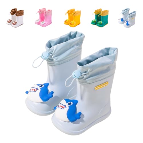 DRECAGE Kinder Gummistiefel Regenschuhe Rutschfest Leicht Regenstiefel für Jungen und Mädchen Blau Hai 22/23 EU von DRECAGE