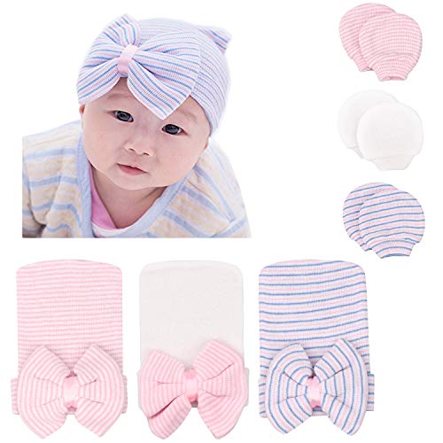 DRESHOW Neugeborene Baby Mütze Fäustlinge Krankenhaus Hut Beanie Säuglingshüte mit Schleife Baby Handschuhe for 0-3 Monate von DRESHOW