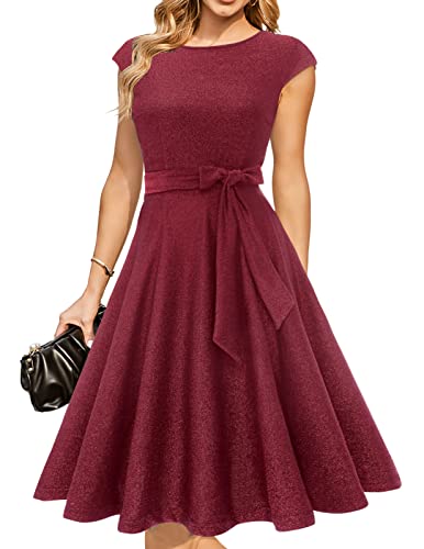 DRESSTELLS Cocktail Kleider, Womens Sparkly Midi Prom Party Hochzeit Gast Kleid Fit Flare 2024 Aline Midi Kleid Glitter Burgund XL von DRESSTELLS