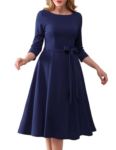 DRESSTELLS Damen Kleid festlich Knielang Standesamt Cocktailkleid Langarm Festliches Partykleid mit Gurtel Retro Faltenrock Knielang Midilang Navy XS von DRESSTELLS