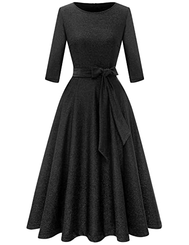 DRESSTELLS Damen 1950s Retro Kleid Elegant Swing A-Line Cocktailkleid Vintage Abendkleid Knielang Abendkleid Brautjungfer Faltenrock Glitter Black XL von DRESSTELLS