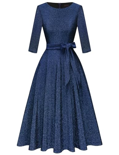 DRESSTELLS Damen 1950s Retro Vintage Rockabilly Kleid Sparkle Festliches Partykleider Knielang 3/4 Arm Ballkleid Elegant Abendkleid A-Line Faltenrock Glitter Navy 2XL von DRESSTELLS