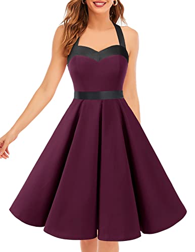 DRESSTELLS Damen 50s Kleid Rockabilly ärmellos Cocktailkleid Damen Vintage Kleider 50er Jahre Partykleider Burgundy Black S von DRESSTELLS