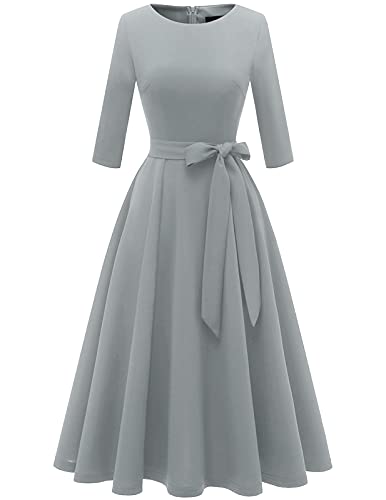 DRESSTELLS Damen Abendkleid 3/4 Arm Festliches Partykleid 1950s Retro Kleid Brautmutterkleid mit Gurtel Retro Faltenrock Knielang Midilang Abendkleid Grey S von DRESSTELLS