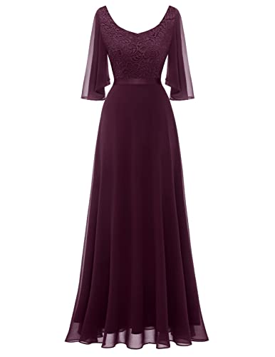 DRESSTELLS Damen Abendkleid Lang Elegant für Hochzeit Chiffon Brautjungfernkleider Bodenlang Cocktailkleid Große Größe Spitzen Ballkleid Burgundy 2XL von DRESSTELLS