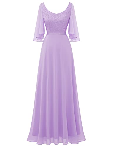 DRESSTELLS Damen Abendkleid Lang Elegant für Hochzeit Chiffon Brautjungfernkleider Bodenlang Cocktailkleid Große Größe Spitzen Ballkleid Lavender 2XL von DRESSTELLS