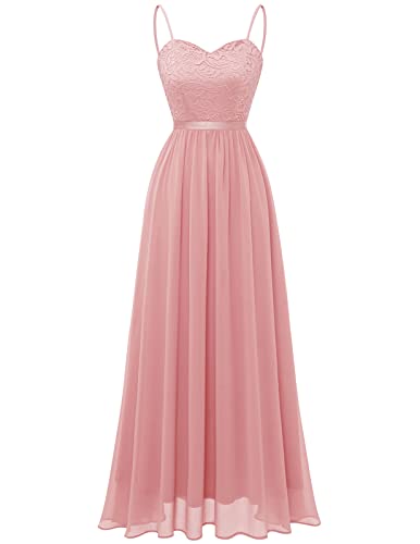 DRESSTELLS Damen Abendkleid Lang Elegant für Hochzeit Chiffon Brautjungfernkleider Bodenlang Cocktailkleid mit Spaghettiträgern Spitzen Ärmellos Ballkleid Dusty Pink 2XL von DRESSTELLS