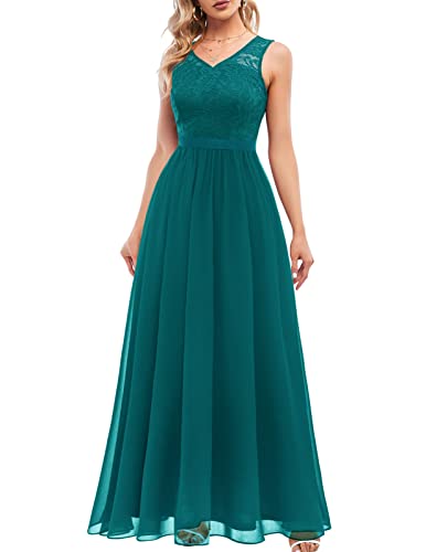 DRESSTELLS Damen Ballkleid Maxi Lang Abendkleider Chiffon Spitzen Brautjungfernkleider Bodenlang Cocktailkleid Konfirmationskleid Turquoise L von DRESSTELLS