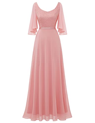 DRESSTELLS Damen Abendkleider Maxi Lang Ballkleid Chiffon Spitzen Brautjungfernkleider Hochzeitskleider für gäste Bodenlang Brautkleid Blush M von DRESSTELLS