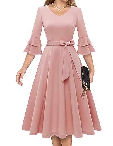 DRESSTELLS Damen Audrey Hepburn Kleid mit niedlichen Ärmeln Elegant Party Cocktail Formal Hochzeitsgast LangarmAbendkleid 50er Jahre Kleider Blush M von DRESSTELLS