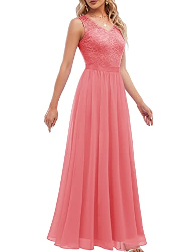 DRESSTELLS Damen Abendkleid Bodenlang Elegant für Hochzeit Chiffon Brautjungfernkleider Spitzen Cocktailkleid Ärmellos Ballkleid Coral XL von DRESSTELLS