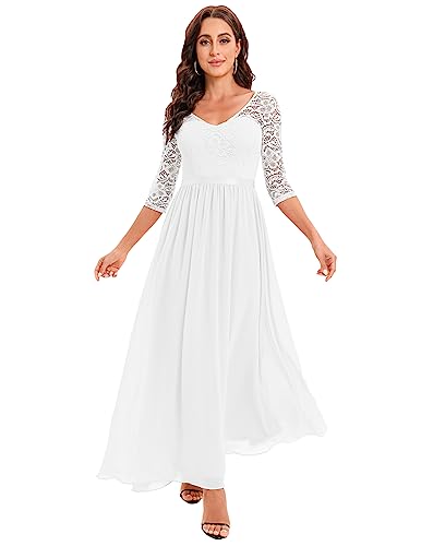 DRESSTELLS Damen Ballkleider lang Chiffon Abendkleider Lang V Ausschnitt Brautjungfernkleid Lang White XL von DRESSTELLS