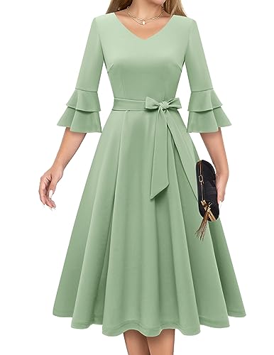 DRESSTELLS Damen Bescheidene Kleider Herbst Hochzeitsgast Langarm Weiche und Bequem Damenkleider für Kirche A-Linie Formale Kleider LightGreen 3XL von DRESSTELLS