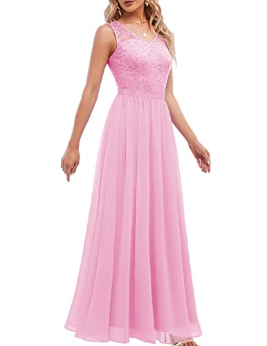 DRESSTELLS Damen Abendkleid Lang Elegant für Hochzeit Chiffon Brautjungfernkleider Bodenlang Cocktailkleid Spitzen Ärmellos Ballkleid Pink 2XL von DRESSTELLS