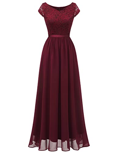 DRESSTELLS Abendkleider elegant für Hochzeit Spitzen Chiffon Swing Cocktailkleider Schlitz Ärmel Spitzekleid Abschlusskleid lang Ballkleid Burgundy M von DRESSTELLS