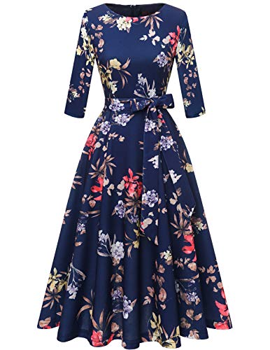 DRESSTELLS Damen Elegant Cocktailkleid Langarm Festliches Partykleid Brautmutterkleid Vintage Retro Kleid Rundausschnitt 3/4 Arm Cocktailkleid mit Gurtel Navy Flower M von DRESSTELLS