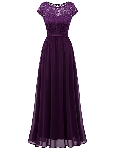 DRESSTELLS Damen Cocktailkleid Abendkleider Elegant für Hochzeit Spitzen Ballkleider Maxilang Grape L von DRESSTELLS