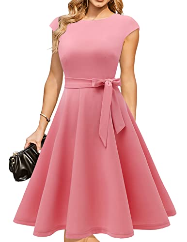 DRESSTELLS Damen A-Line Swing Festlich Knielang Hochzeit Cocktailkleid Rundhald Cape Arm Weihnachtskleidid Peach M von DRESSTELLS