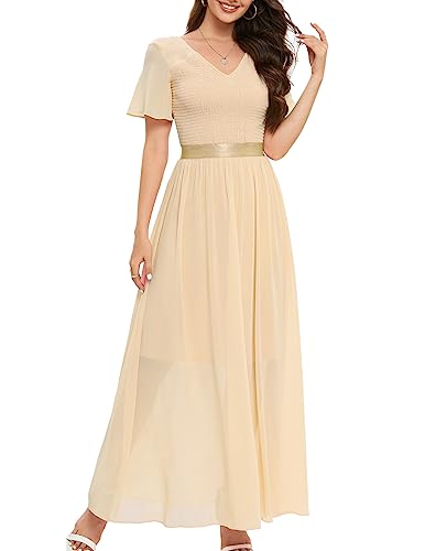 DRESSTELLS Damen Elegant Abendkleider Hochzeit V-Ausschnitt Cocktailkleid Maxi Brautjunferkleid Champagne 3XL von DRESSTELLS